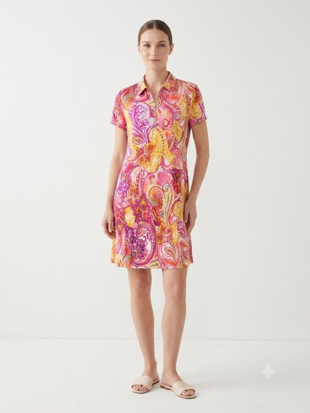 MSK Dress Pink Yellow Mod Paisley Boho Shift Retro L